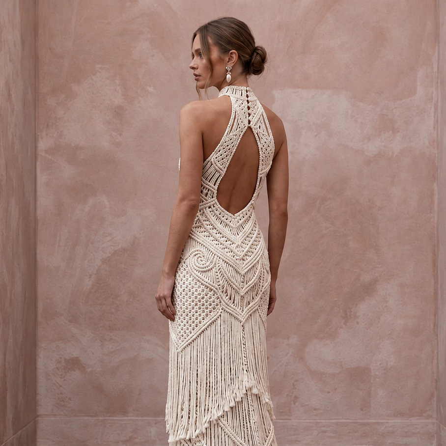 Minimalist Cream Cotton Macrame Fringe Halter Neck Desert Wedding Dress - Apparel & Accessories > Clothing > Wedding & Bridal Party Dresses > Wedding Dresses - Mignonette Bridal
