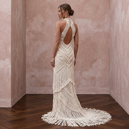 Minimalist Cream Cotton Macrame Fringe Halter Neck Desert Wedding Dress - Apparel & Accessories > Clothing > Wedding & Bridal Party Dresses > Wedding Dresses - Mignonette Bridal