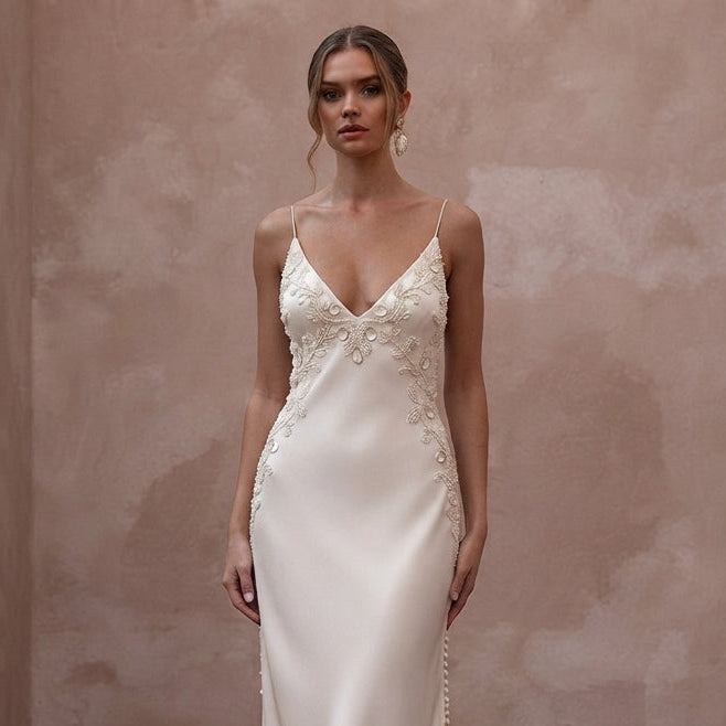 Minimalist Cream Silk Slip Dress for Tropical Vow Renewal