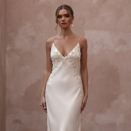 Minimalist Cream Silk Slip Dress for Tropical Vow Renewal