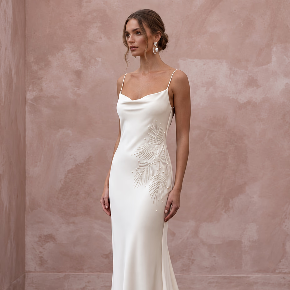 Minimalist Cream Silk Slip Wedding Dress for Tropical Vow Renewal