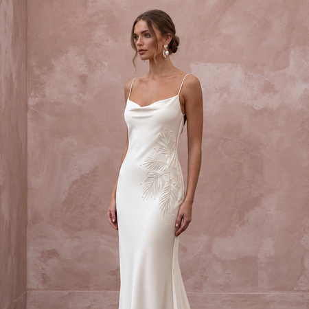 Minimalist Cream Silk Slip Wedding Dress for Tropical Vow Renewal