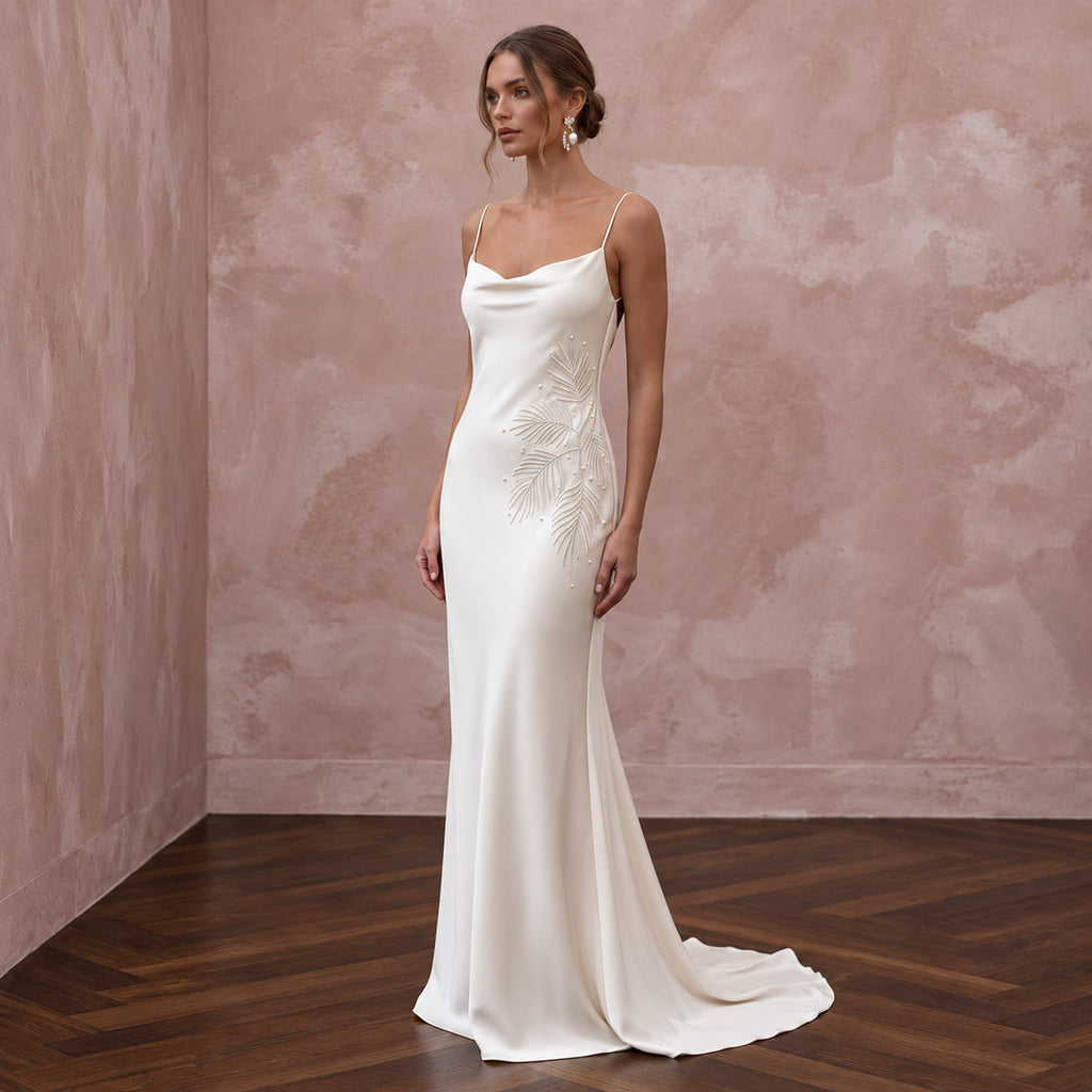 Minimalist Cream Silk Slip Wedding Dress for Tropical Vow Renewal
