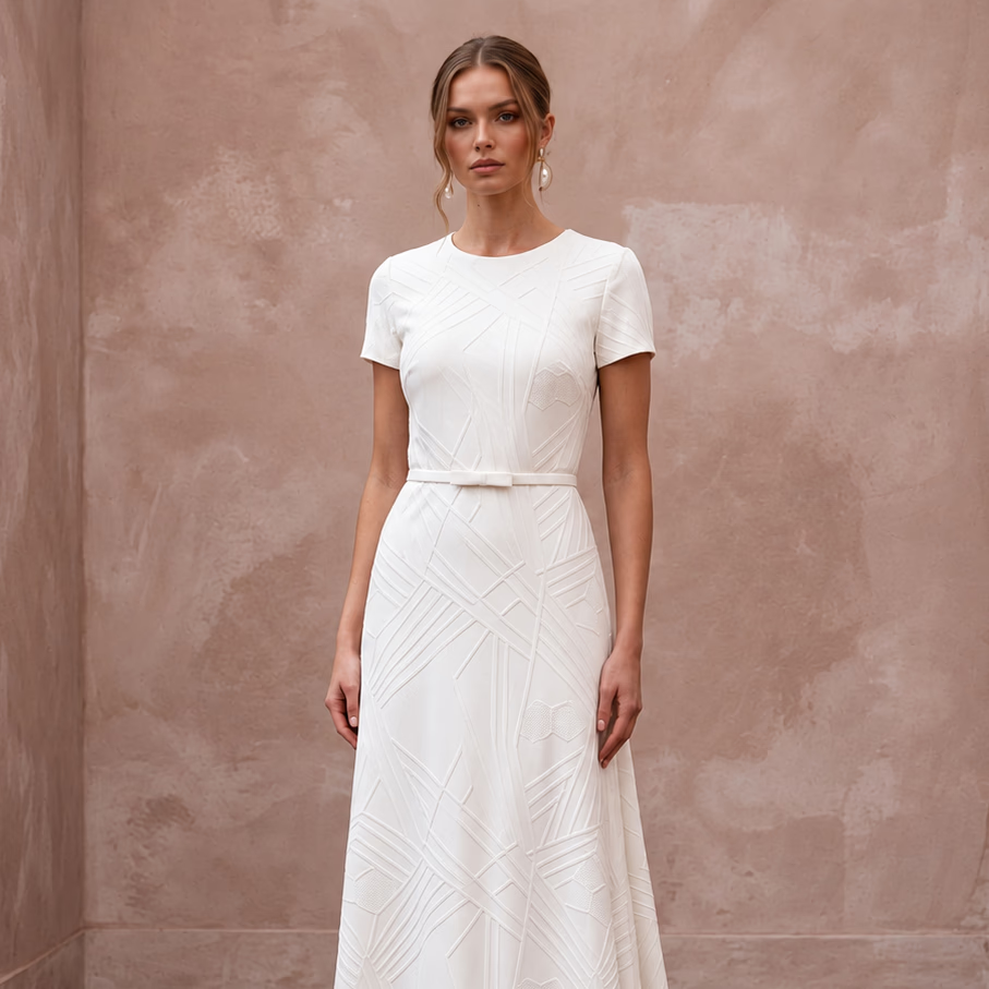 Minimalist Cream Stretch Georgette T-Shirt Bridal Gown for Elopement