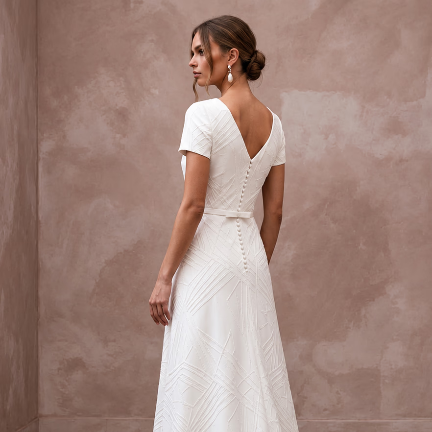 Minimalist Cream Stretch Georgette T-Shirt Bridal Gown for Elopement