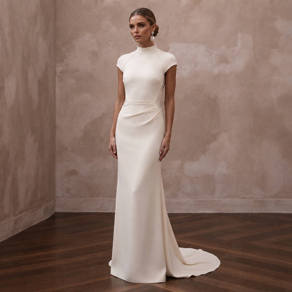 Minimalist Cream Stretch Georgette T-Shirt Gown for Elopement