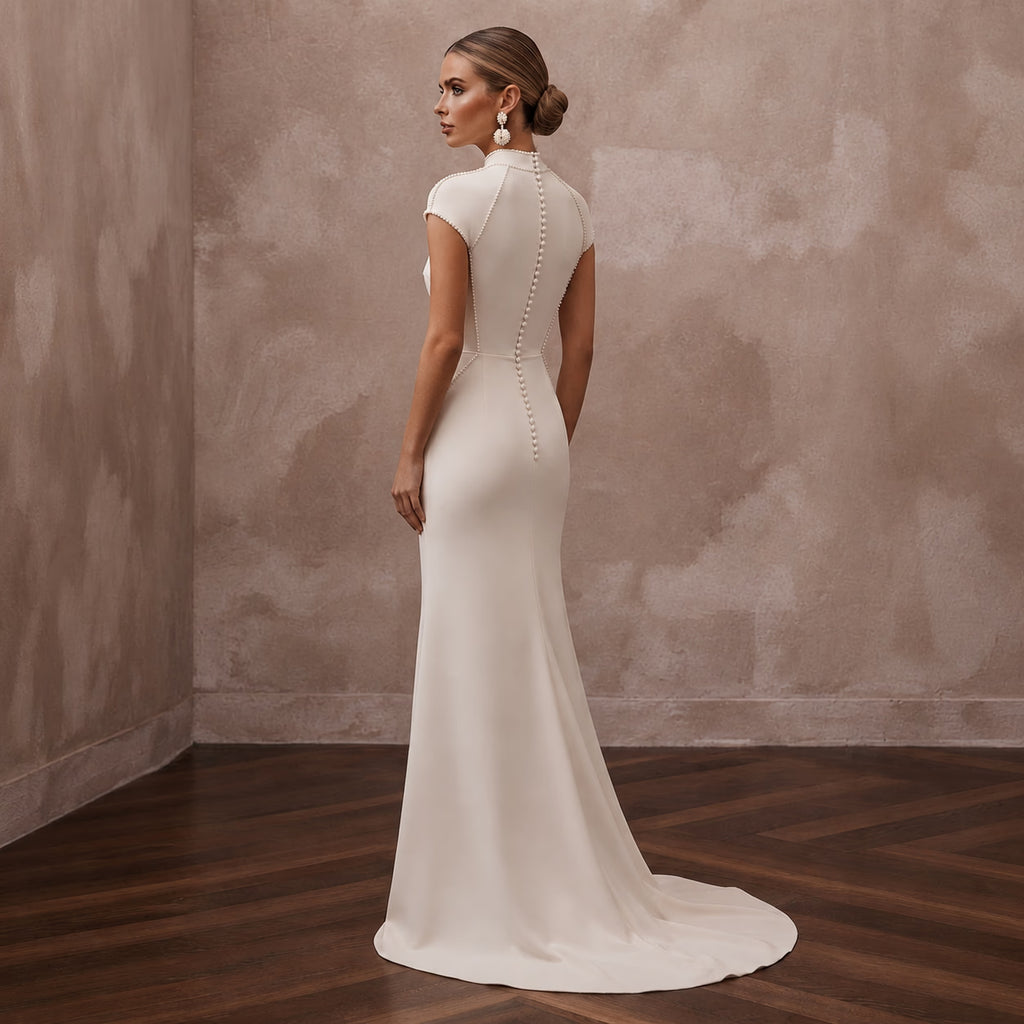 Minimalist Cream Stretch Georgette T - Shirt Gown for Elopement - Apparel & Accessories > Clothing > Wedding & Bridal Party Dresses > Wedding Dresses - Mignonette Bridal