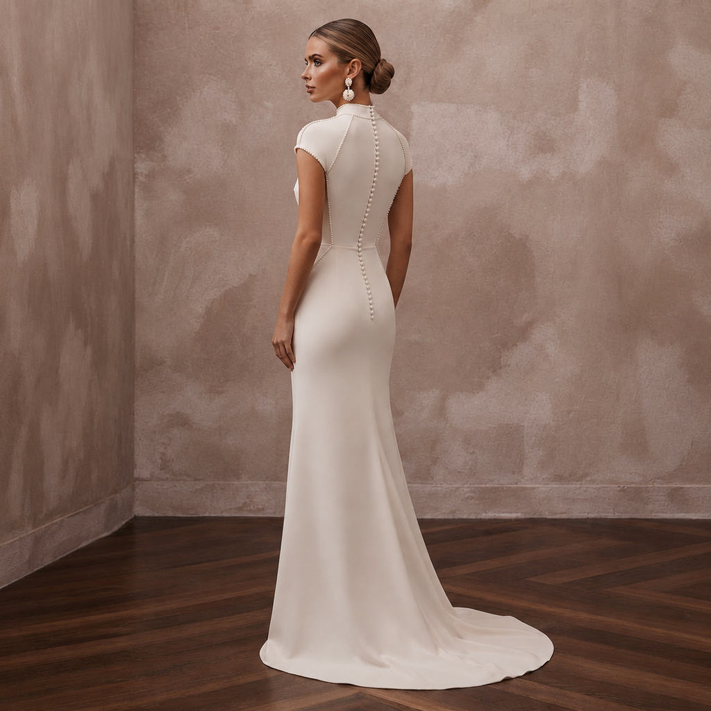 Minimalist Cream Stretch Georgette T-Shirt Gown for Elopement