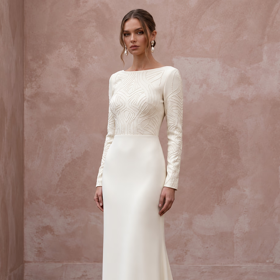 Minimalist Cream Stretch Wool Crepe Long Sleeve Bridal Gown for City Hall