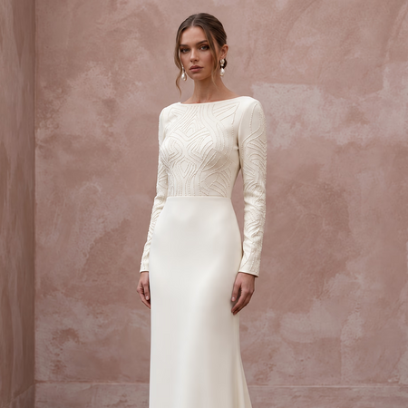 Minimalist Cream Stretch Wool Crepe Long Sleeve Bridal Gown for City Hall