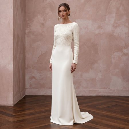 Minimalist Cream Stretch Wool Crepe Long Sleeve Bridal Gown for City Hall