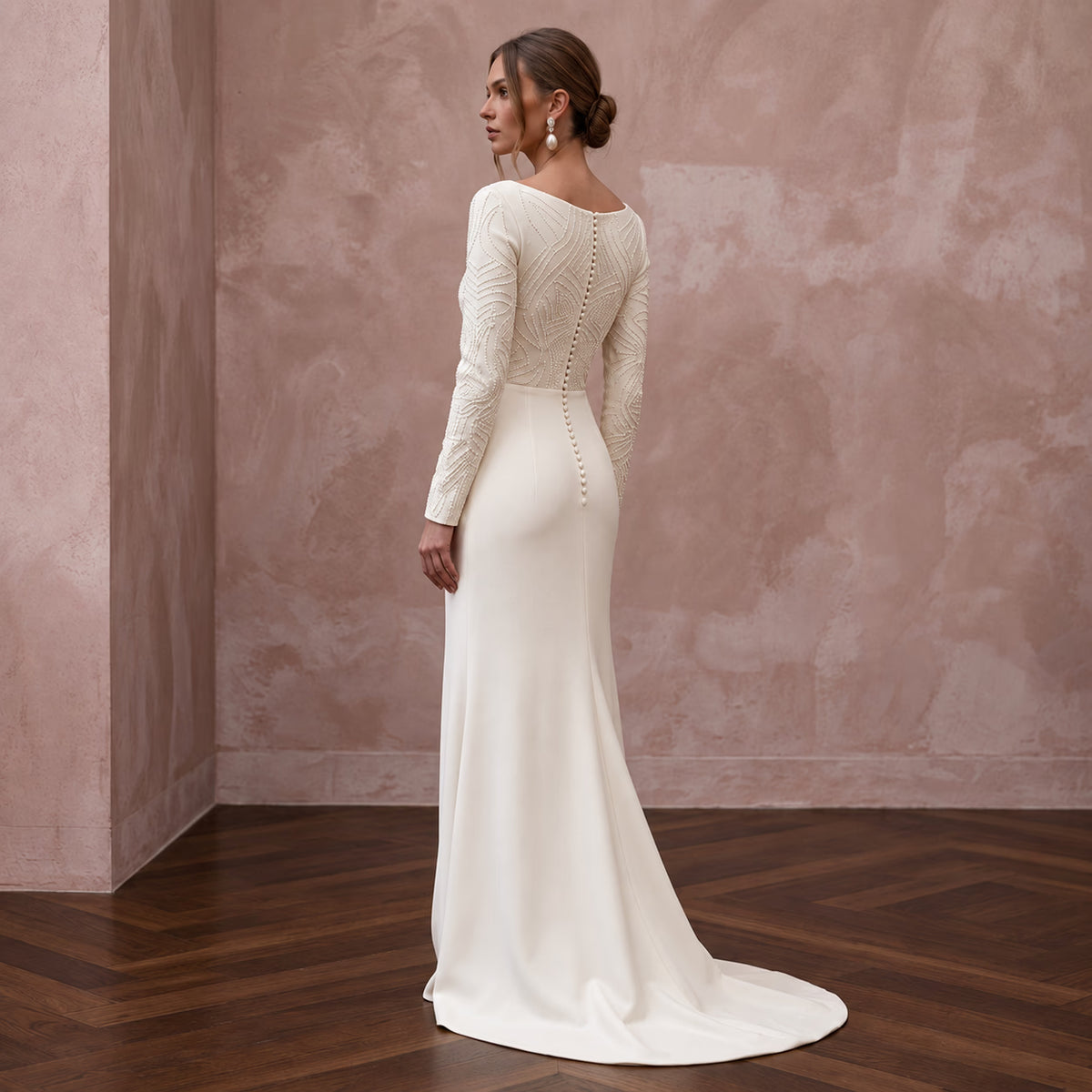 Minimalist Cream Stretch Wool Crepe Long Sleeve Bridal Gown for City Hall