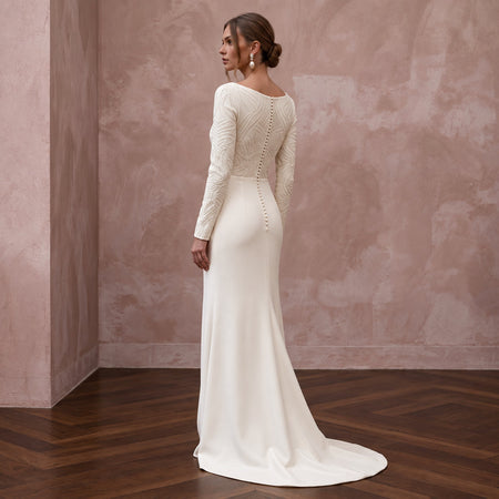 Minimalist Cream Stretch Wool Crepe Long Sleeve Bridal Gown for City Hall