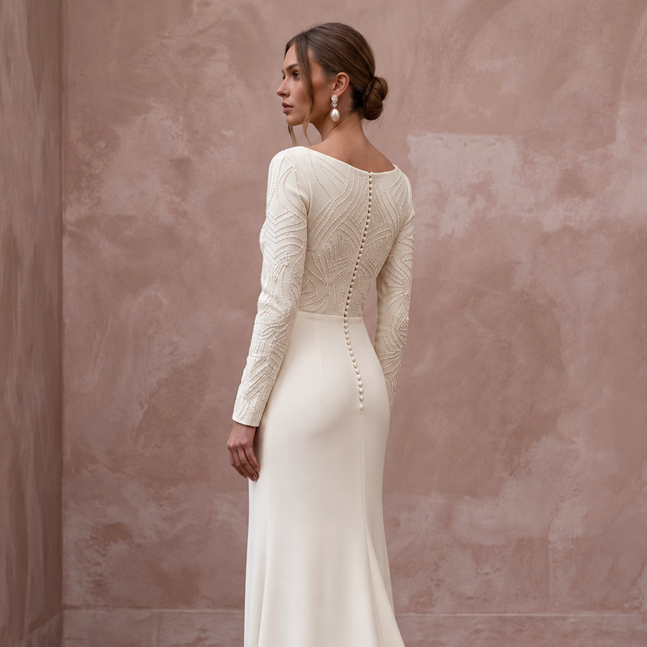 Minimalist Cream Stretch Wool Crepe Long Sleeve Bridal Gown for City Hall