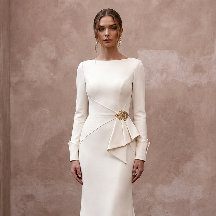 Minimalist Cream Stretch Wool Crepe Long Sleeve for City Hall