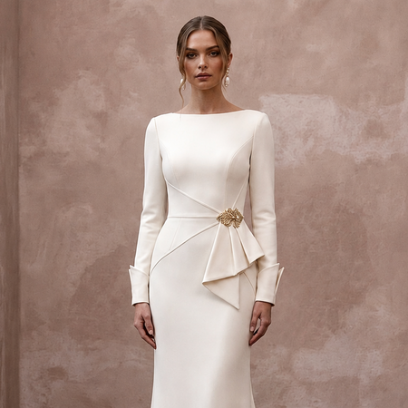 Minimalist Cream Stretch Wool Crepe Long Sleeve for City Hall
