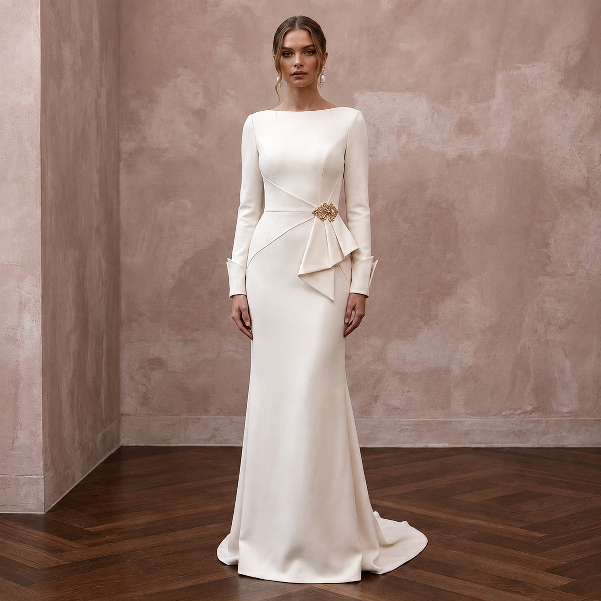 Minimalist Cream Stretch Wool Crepe Long Sleeve for City Hall - Apparel & Accessories > Clothing > Wedding & Bridal Party Dresses > Wedding Dresses - Mignonette Bridal Main image
