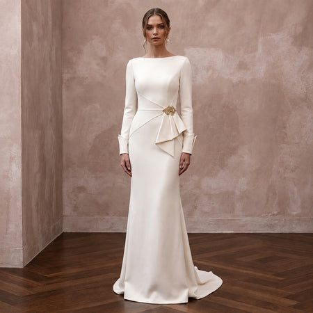 Minimalist Cream Stretch Wool Crepe Long Sleeve for City Hall - Apparel & Accessories > Clothing > Wedding & Bridal Party Dresses > Wedding Dresses - Mignonette Bridal