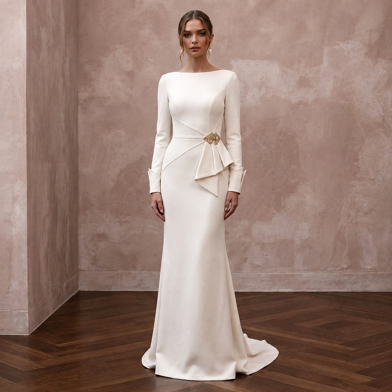 Minimalist Cream Stretch Wool Crepe Long Sleeve for City Hall Main image