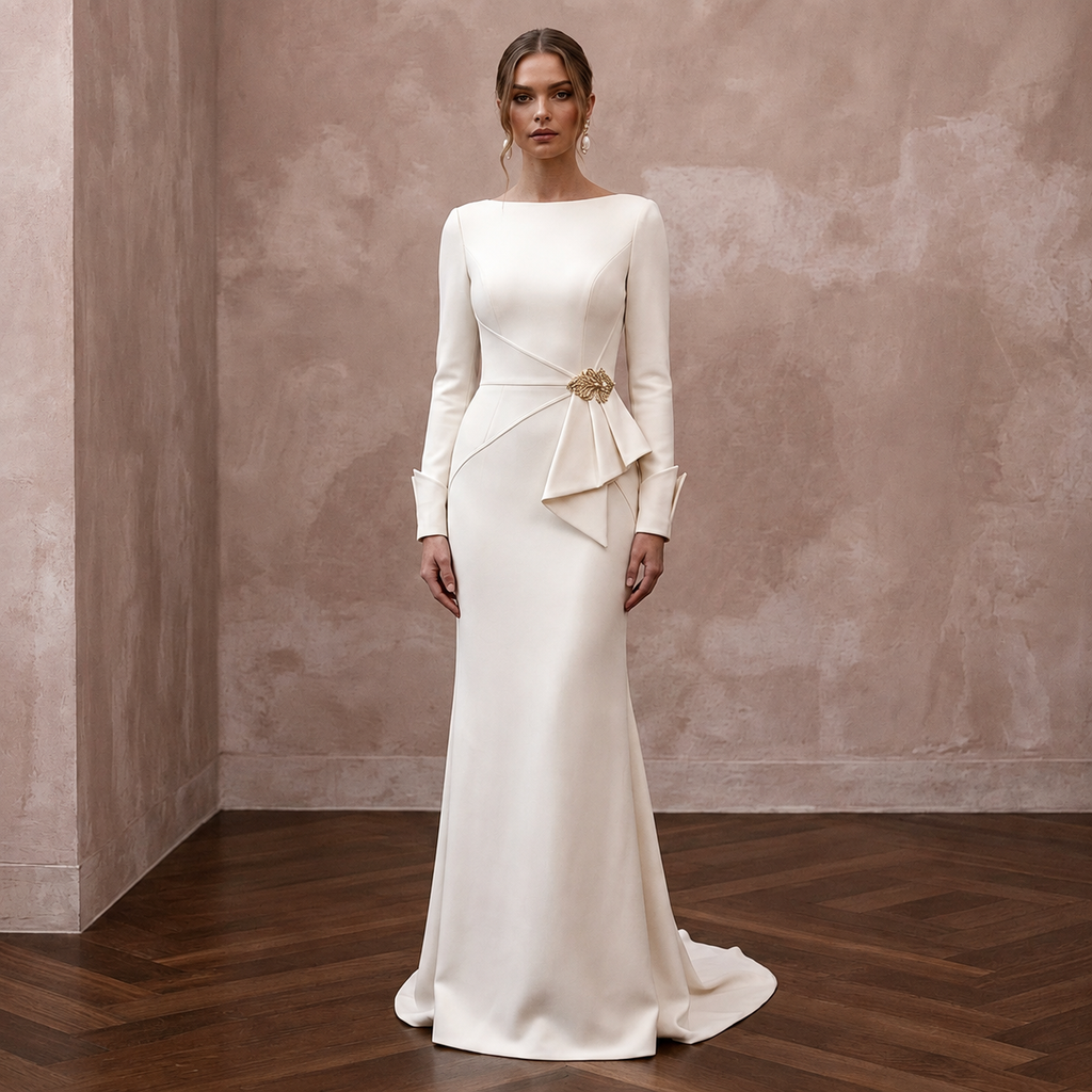 Minimalist Cream Stretch Wool Crepe Long Sleeve for City Hall