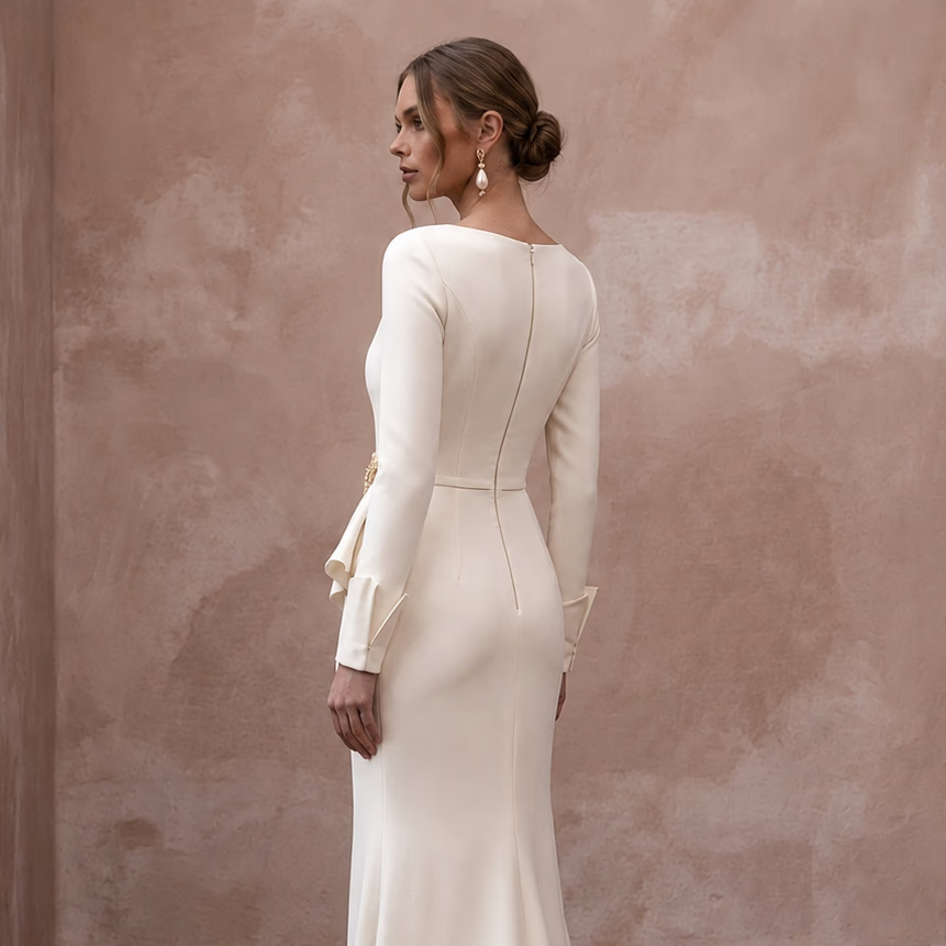 Minimalist Cream Stretch Wool Crepe Long Sleeve for City Hall - Apparel & Accessories > Clothing > Wedding & Bridal Party Dresses > Wedding Dresses - Mignonette Bridal