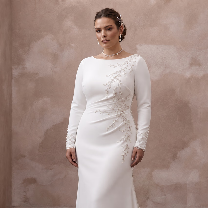Minimalist Crepe Column Wedding Dress with Long Sleeves - Apparel & Accessories > Clothing > Wedding & Bridal Party Dresses > Wedding Dresses - Mignonette Bridal