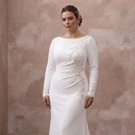 Minimalist Crepe Column Wedding Dress with Long Sleeves - Apparel & Accessories > Clothing > Wedding & Bridal Party Dresses > Wedding Dresses - Mignonette Bridal