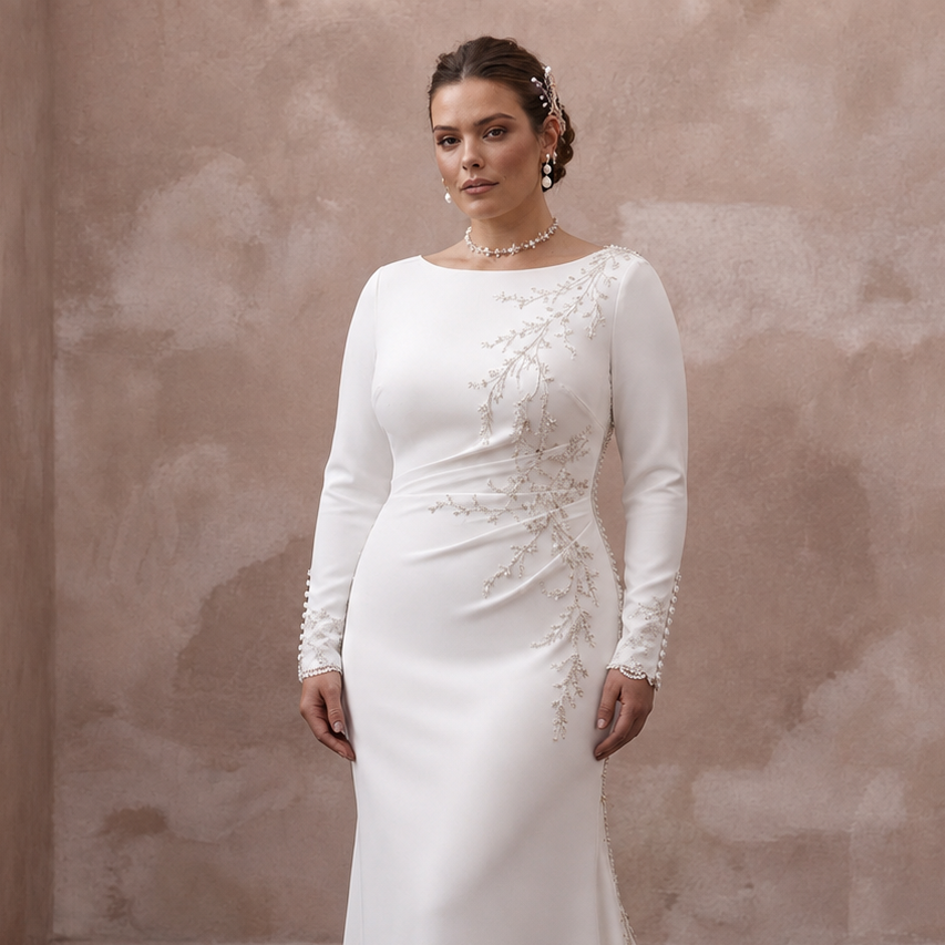 Minimalist Crepe Column Wedding Dress with Long Sleeves - Apparel & Accessories > Clothing > Wedding & Bridal Party Dresses > Wedding Dresses - Mignonette Bridal