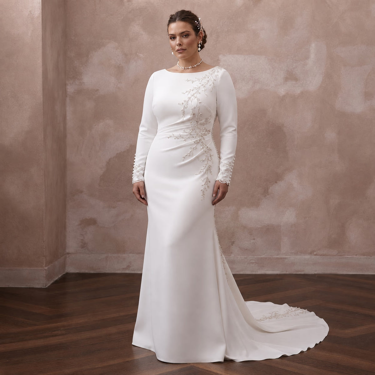 Minimalist Crepe Column Wedding Dress with Long Sleeves - Apparel & Accessories > Clothing > Wedding & Bridal Party Dresses > Wedding Dresses - Mignonette Bridal