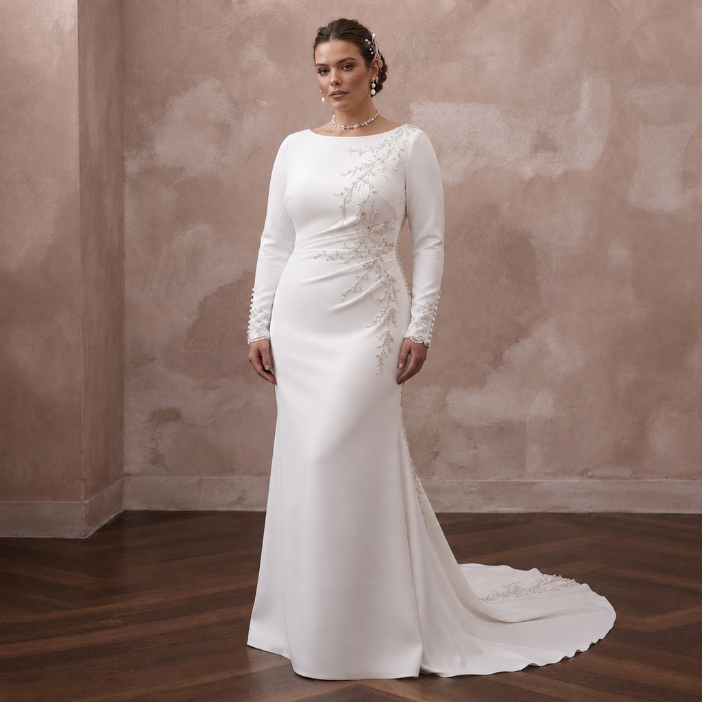 Minimalist Crepe Column Wedding Dress with Long Sleeves - Apparel & Accessories > Clothing > Wedding & Bridal Party Dresses > Wedding Dresses - Mignonette Bridal