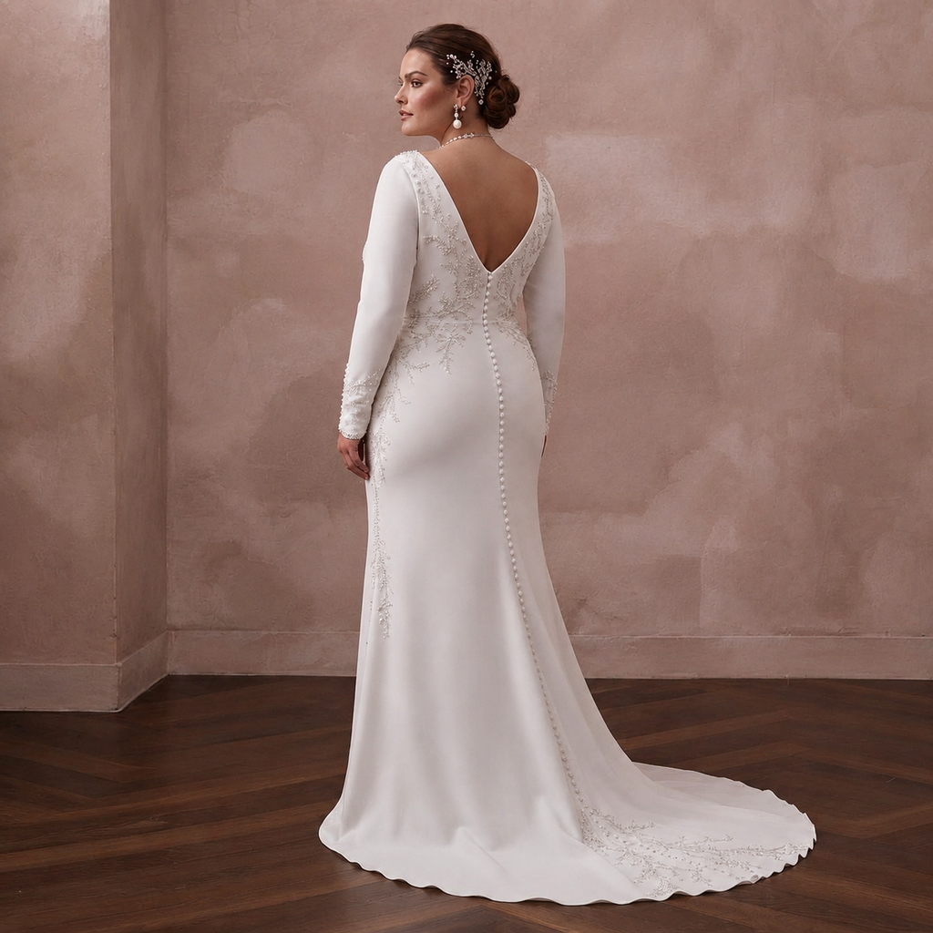 Minimalist Crepe Column Wedding Dress with Long Sleeves - Apparel & Accessories > Clothing > Wedding & Bridal Party Dresses > Wedding Dresses - Mignonette Bridal