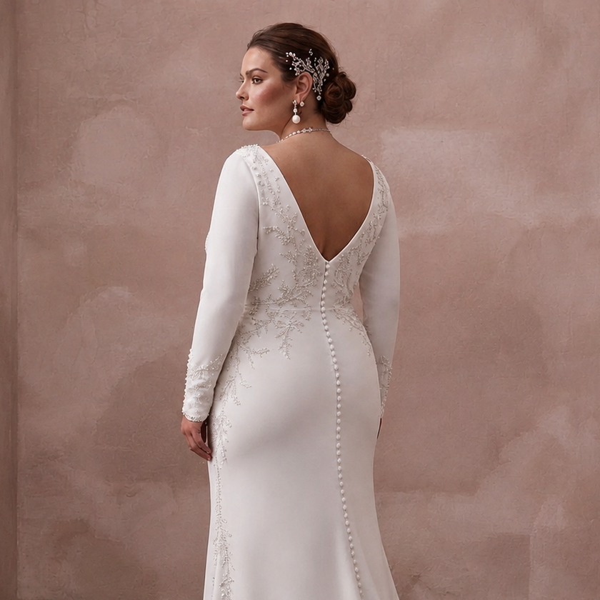 Minimalist Crepe Column Wedding Dress with Long Sleeves - Apparel & Accessories > Clothing > Wedding & Bridal Party Dresses > Wedding Dresses - Mignonette Bridal