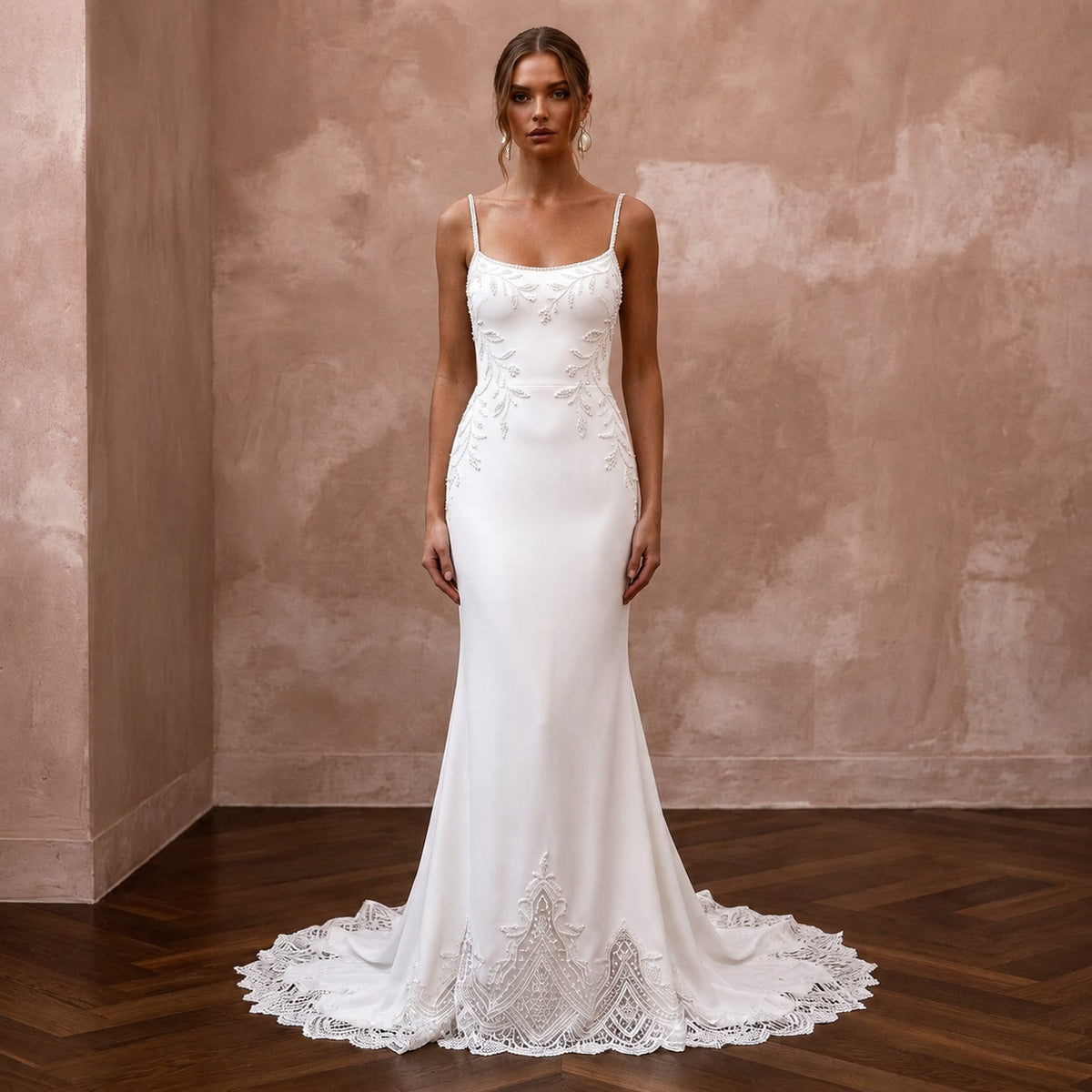 Minimalist Crepe Mermaid Wedding Dress with Spaghetti Straps - Apparel & Accessories > Clothing > Wedding & Bridal Party Dresses > Wedding Dresses - Mignonette Bridal