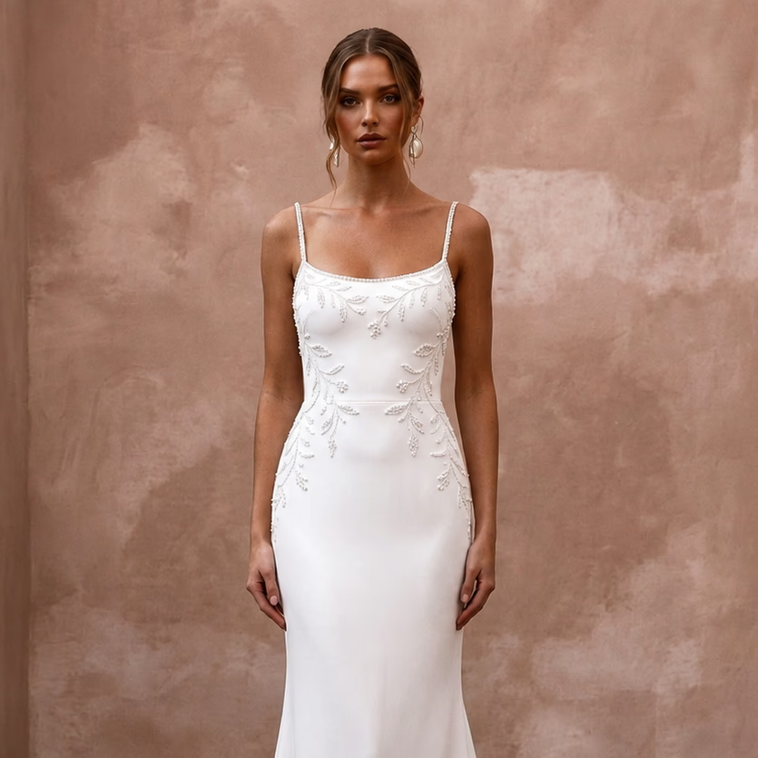 Minimalist Crepe Mermaid Wedding Dress with Spaghetti Straps - Apparel & Accessories > Clothing > Wedding & Bridal Party Dresses > Wedding Dresses - Mignonette Bridal