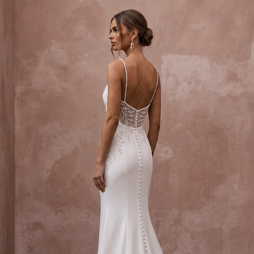 Minimalist Crepe Mermaid Wedding Dress with Spaghetti Straps - Apparel & Accessories > Clothing > Wedding & Bridal Party Dresses > Wedding Dresses - Mignonette Bridal