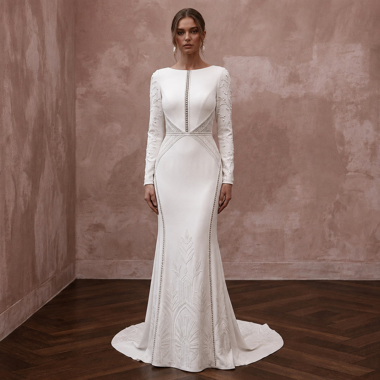Minimalist Crepe Wedding Dress with Long Sleeves for a Courthouse Wedding