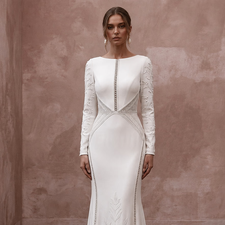 Minimalist Crepe Wedding Dress with Long Sleeves for a Courthouse Wedding