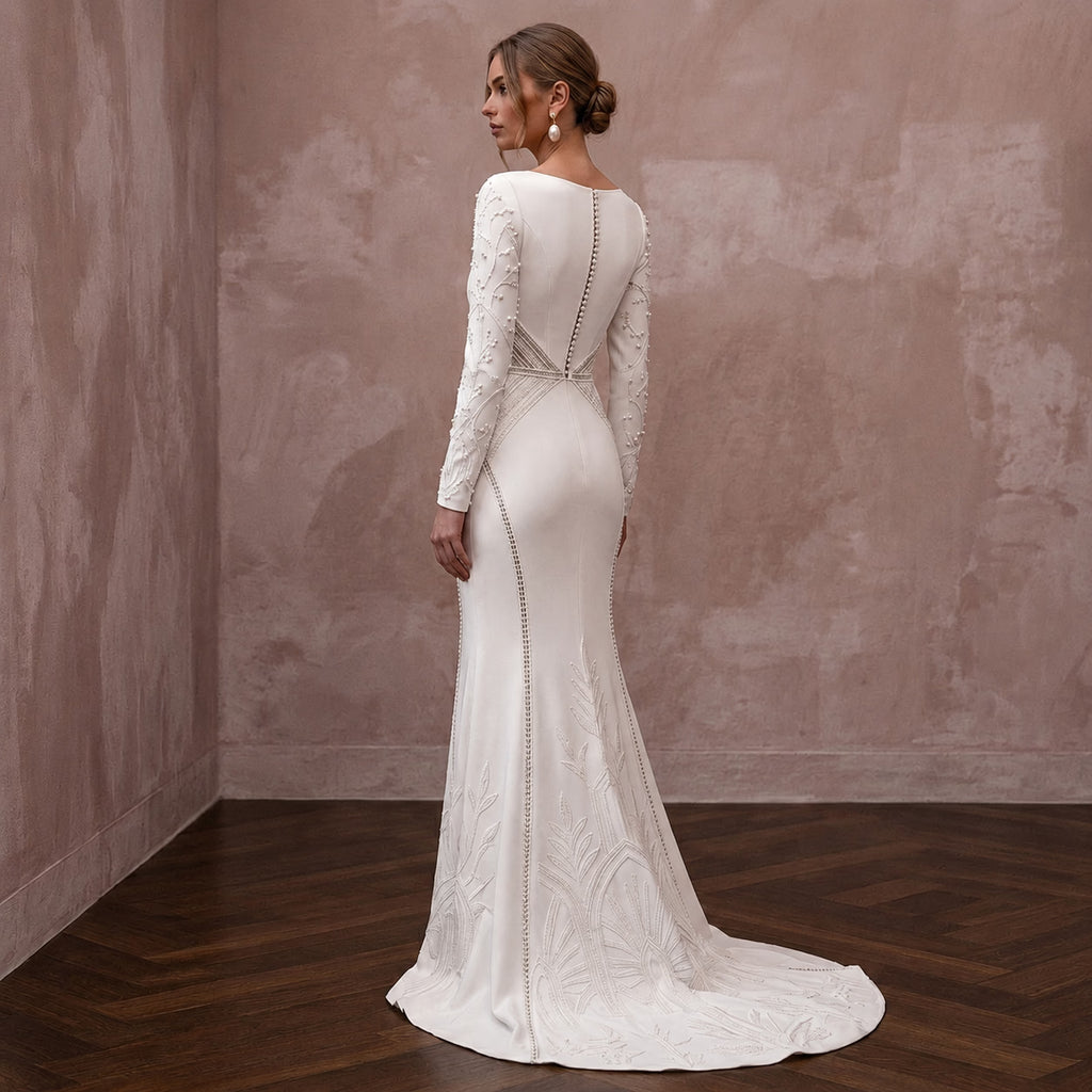 Minimalist Crepe Wedding Dress with Long Sleeves for a Courthouse Wedding