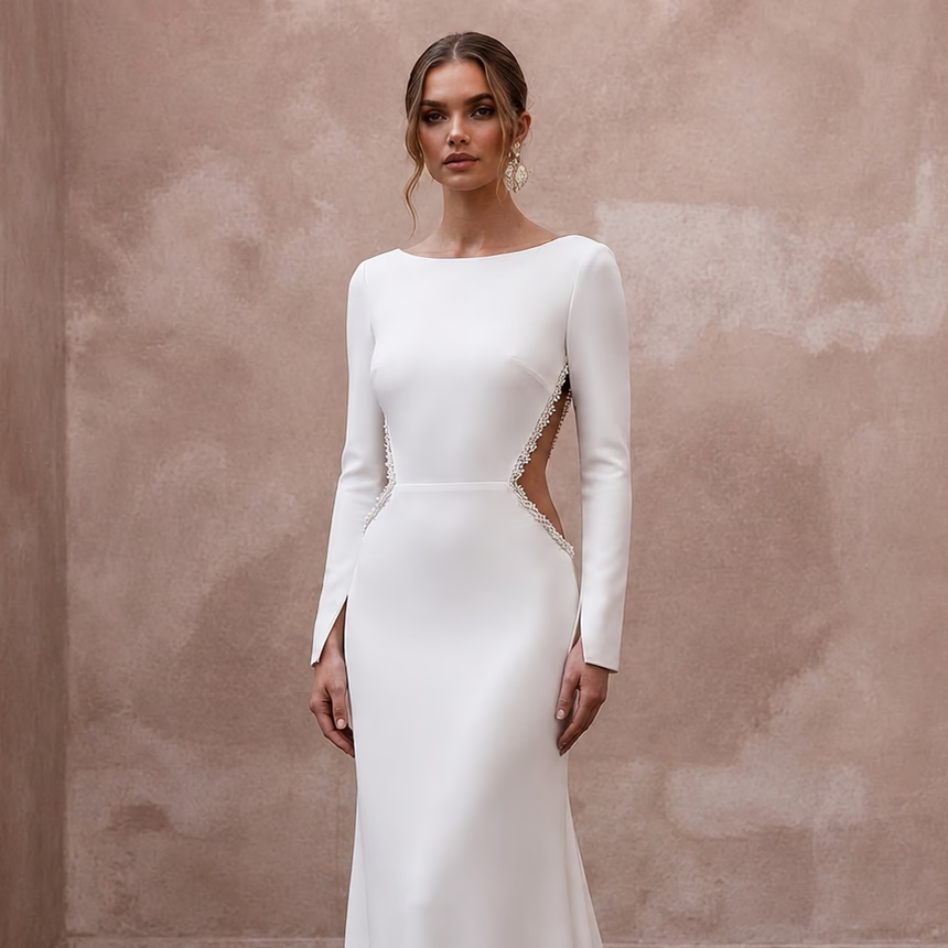Minimalist Crepe Wedding Dress with Open Back for a Beach Wedding