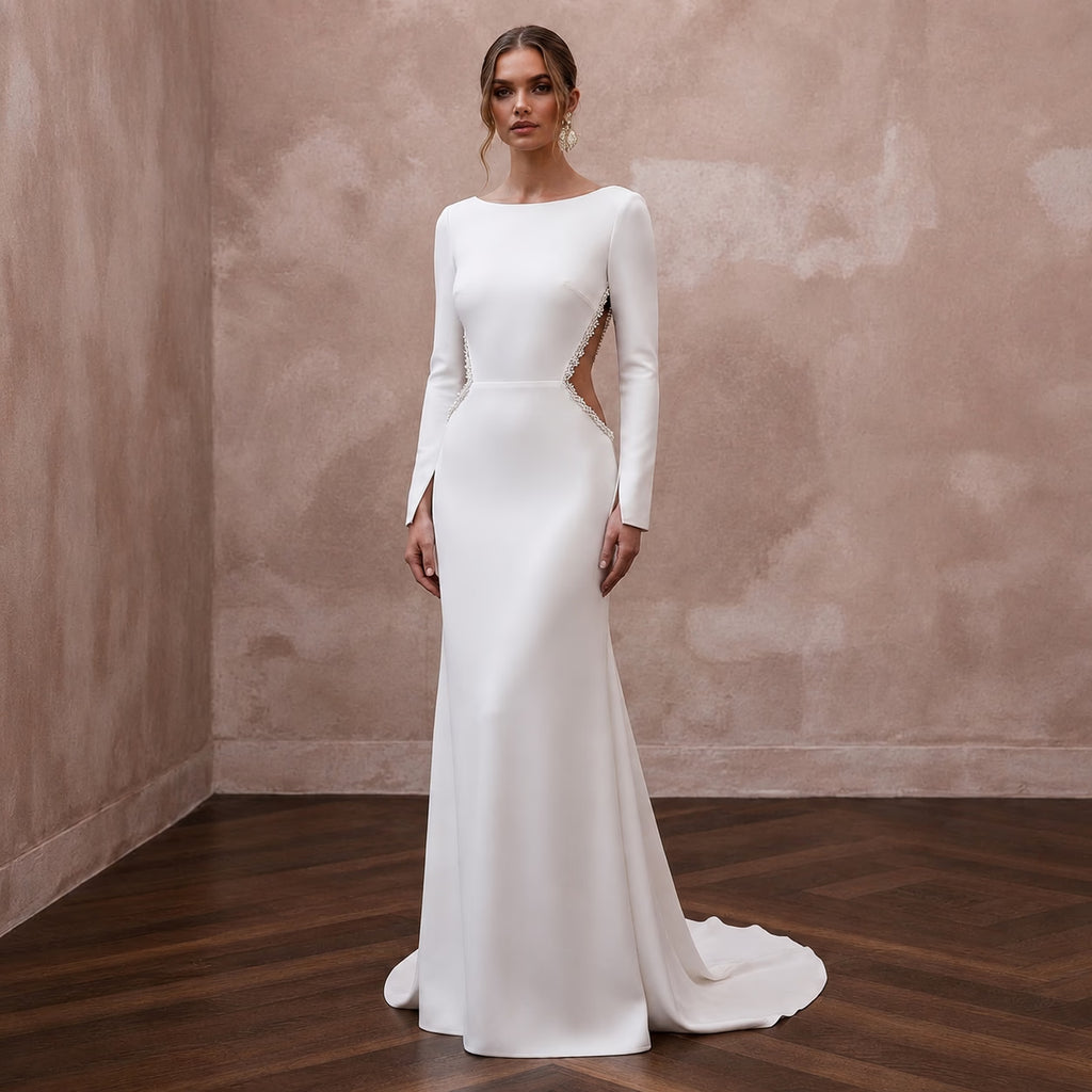 Minimalist Crepe Wedding Dress with Open Back for a Beach Wedding