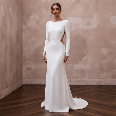 Minimalist Crepe Wedding Dress with Open Back for a Beach Wedding
