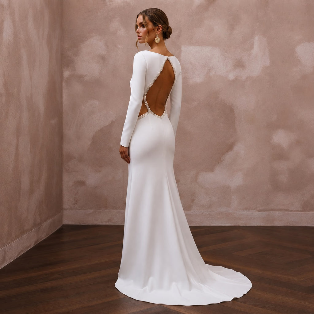 Minimalist Crepe Wedding Dress with Open Back for a Beach Wedding