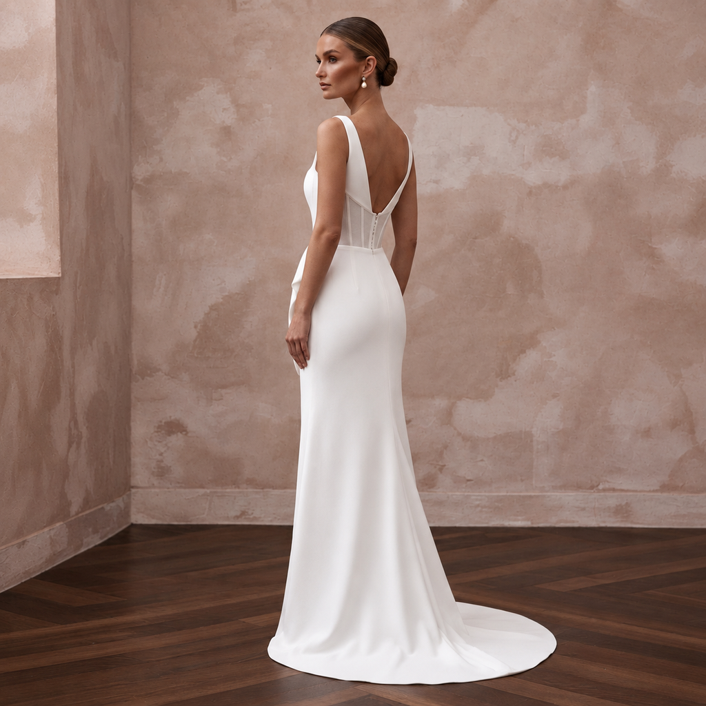 Minimalist Crepe Wedding Dress with Square Neckline