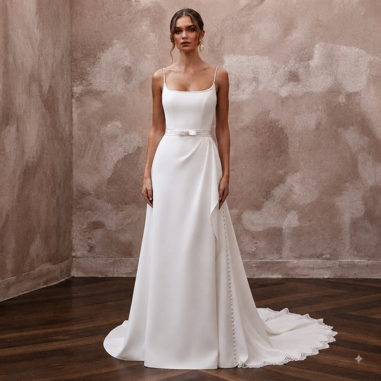 Minimalist Diamond White Crepe A-Line Wedding Gown for Civil Ceremony Main image