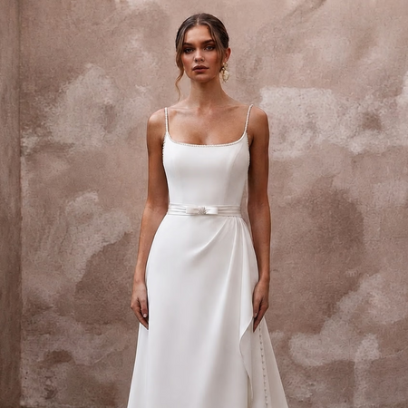 Minimalist Diamond White Crepe A - Line Wedding Gown for Civil Ceremony - Apparel & Accessories > Clothing > Wedding & Bridal Party Dresses > Wedding Dresses - Mignonette Bridal