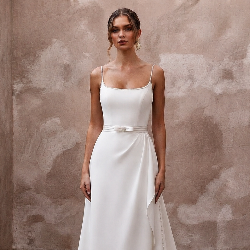 Minimalist Diamond White Crepe A-Line Wedding Gown for Civil Ceremony