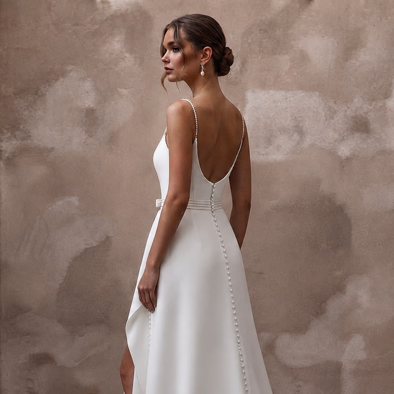 Minimalist Diamond White Crepe A - Line Wedding Gown for Civil Ceremony - Apparel & Accessories > Clothing > Wedding & Bridal Party Dresses > Wedding Dresses - Mignonette Bridal