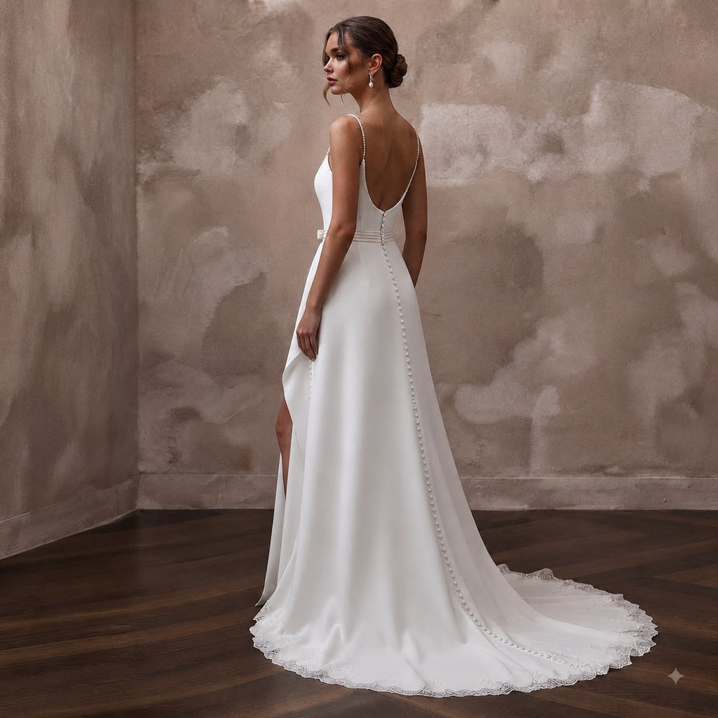 Minimalist Diamond White Crepe A - Line Wedding Gown for Civil Ceremony - Apparel & Accessories > Clothing > Wedding & Bridal Party Dresses > Wedding Dresses - Mignonette Bridal