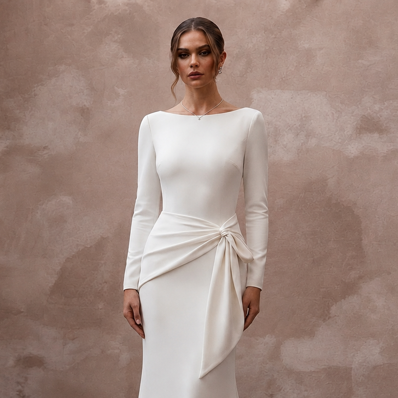 Minimalist Diamond White Stretch Crepe Gown for New Year Brunch