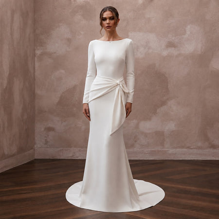Minimalist Diamond White Stretch Crepe Gown for New Year Brunch - Apparel & Accessories > Clothing > Wedding & Bridal Party Dresses > Wedding Dresses - Mignonette Bridal